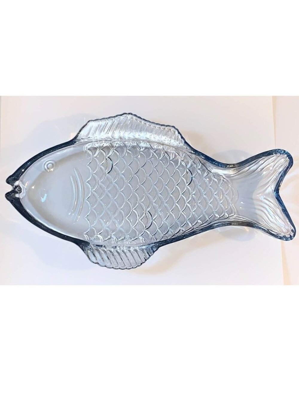 Fish Shaped Subtle Blue Tinted Clear Glass Tray Dish (11" long)